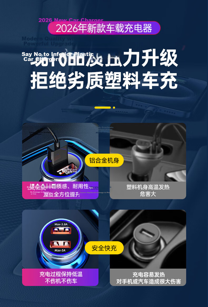 Newsmy Car Charger Max 120W for VIVO/OPPO Super Fast Charging Aluminum Alloy Dual USB-A Quick Charger with A-C Cable and Cigarette Lighter Adapter 3