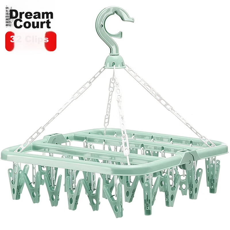 MENGTING Multi-Head Folding Clothes Hanger Sock Drying Rack Sock Clips Hanger Underwear Organizer 32 Clips Green