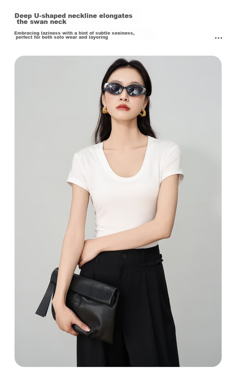 Olrain White U-Neck Slim Fit Short Sleeve T-Shirt for Women Summer Petite Top White L 5