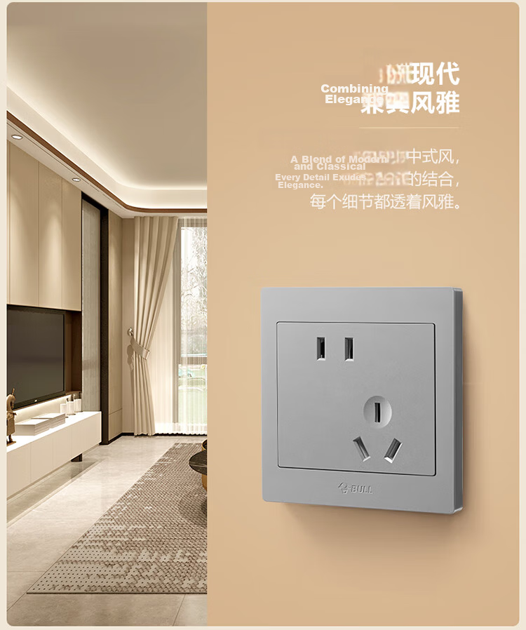 BULL Switch Socket, G31 Series Six-Hole 10A+16A Socket, 86-Type Socket Panel G31Z234, Space Gray 5