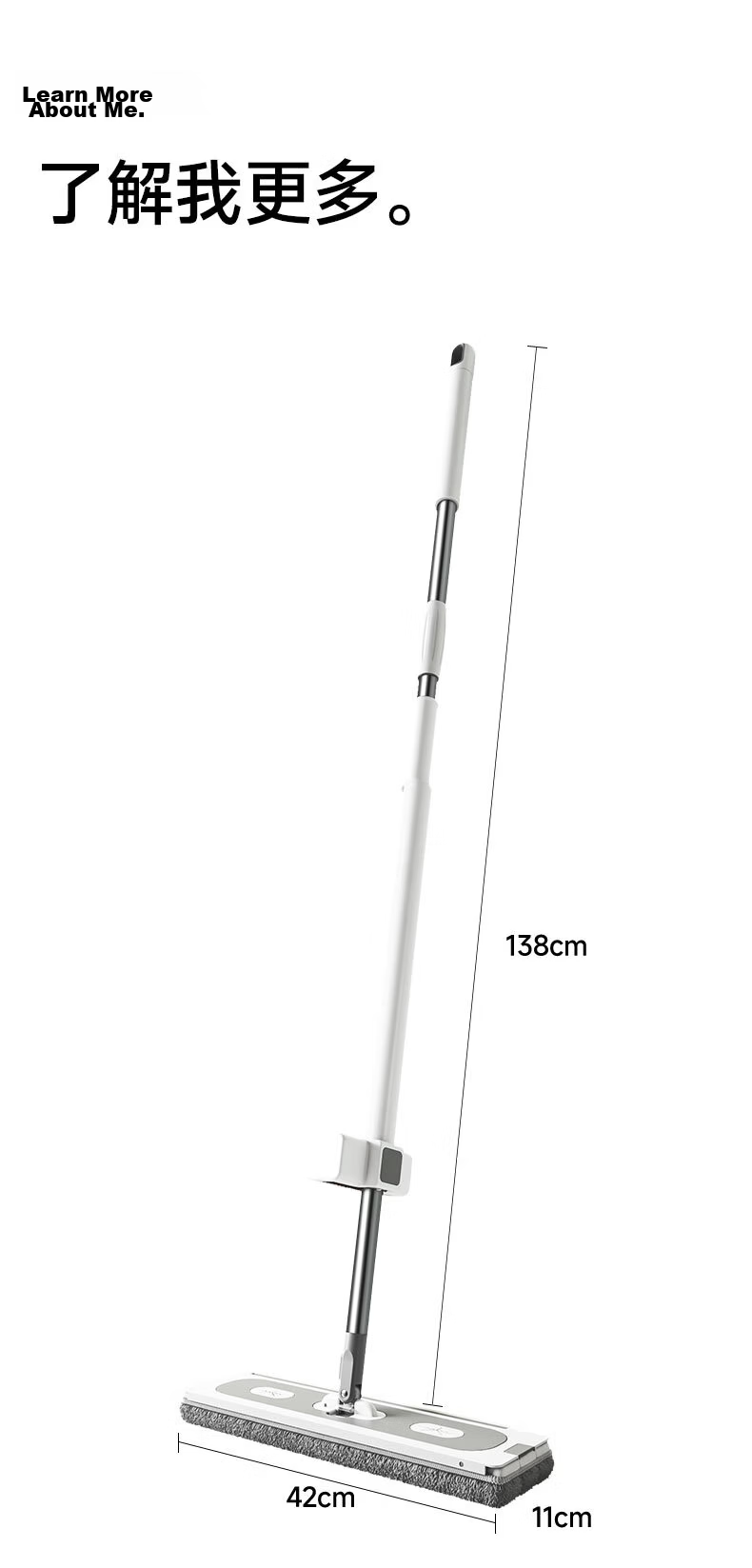 Mayflower Flat Mop 42CM with 138CM Handle, 2 Cloths, Built-in Water Scraper, Hands-Free Wash, Dual Wet and Dry Use 23