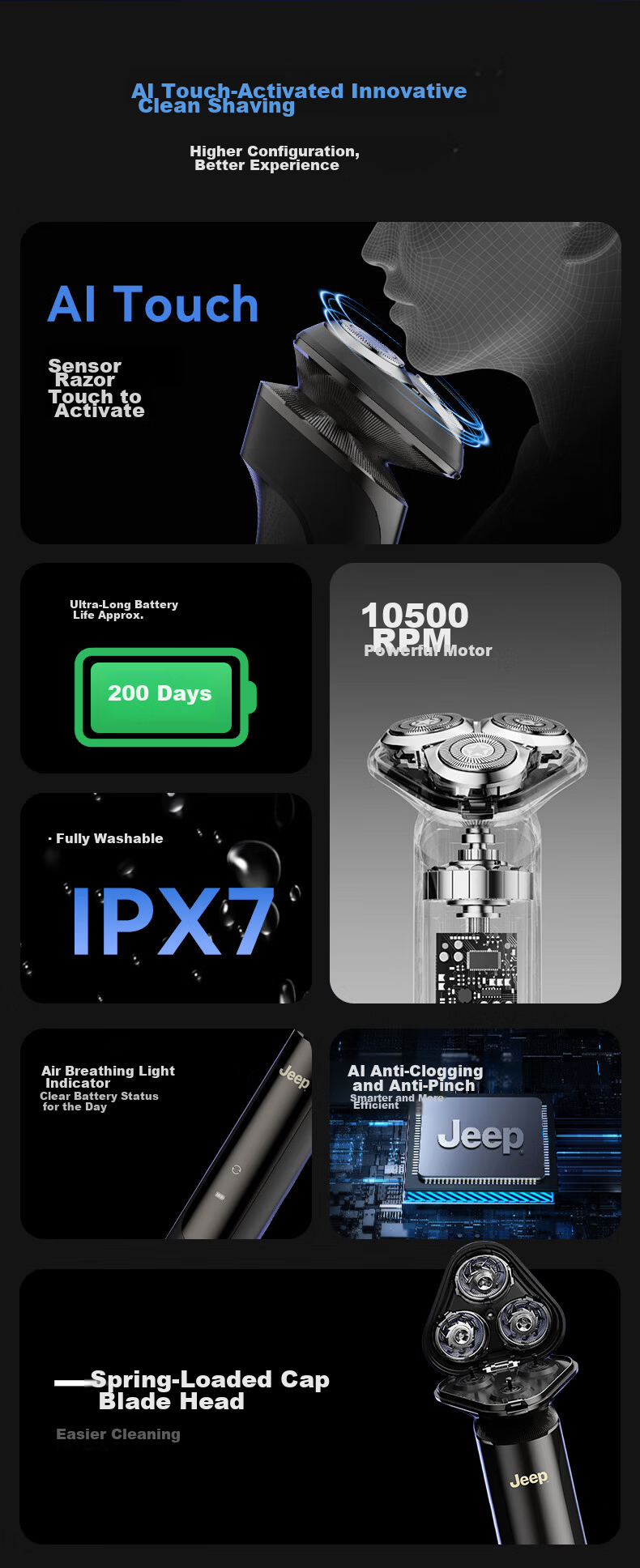 JEEP E5 Electric Shaver AI Smart Facial Sensor Men's Razor Fast Charging 3D Floating Head Fully Washable Gift for Boyfriend Husband Father 7