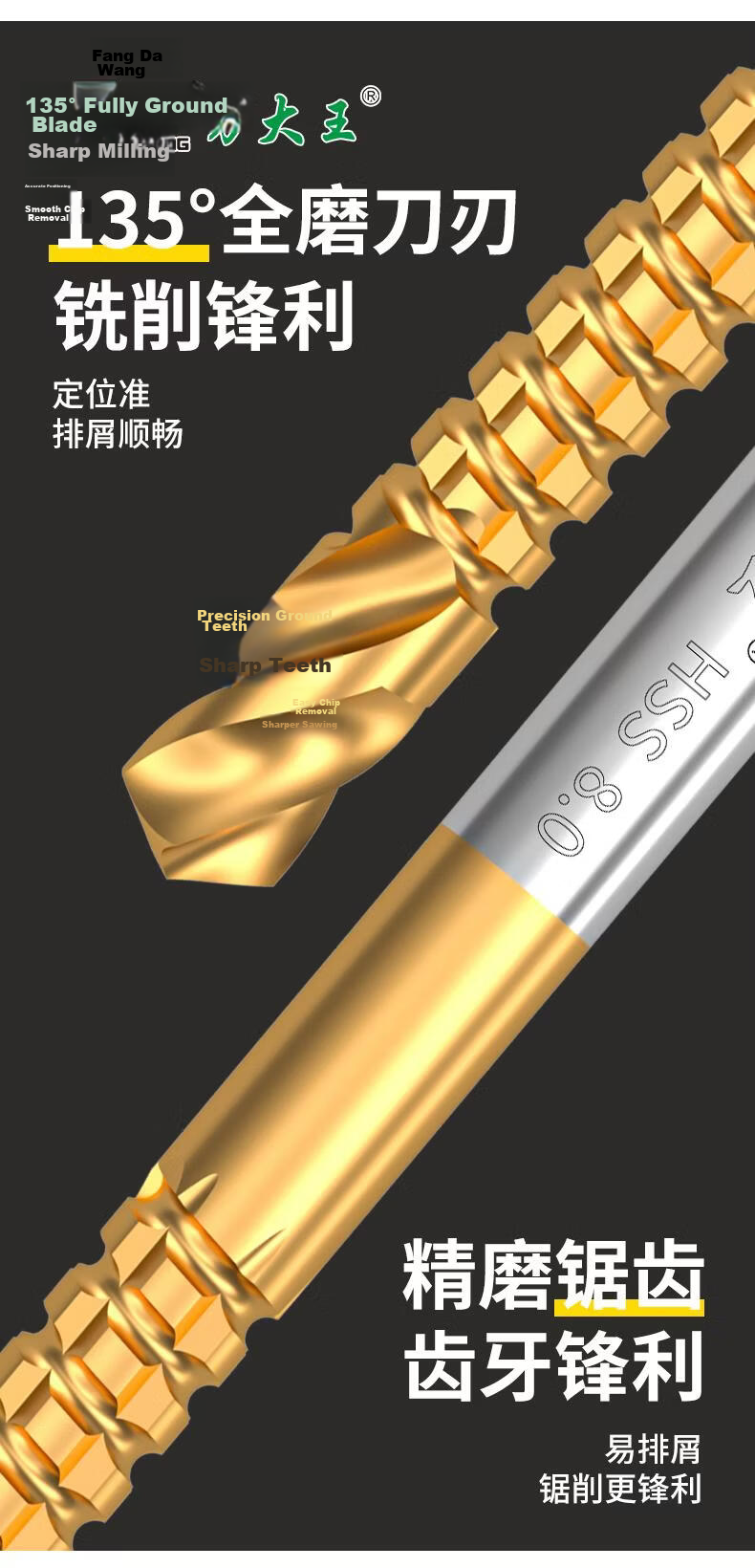 Fang Da Wang Serrated Twist Drill Bits Sharp Teeth Precision Ground 5-Pack (3+4+5+6+8mm) 5