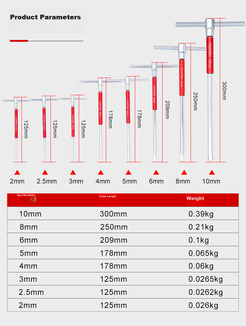 Kuanteng Industrial Grade T-Handle Hex Key Sliding Bar Wrench Set Extended Universal T-Shape Extra Long High Hardness Sliding Rod 8