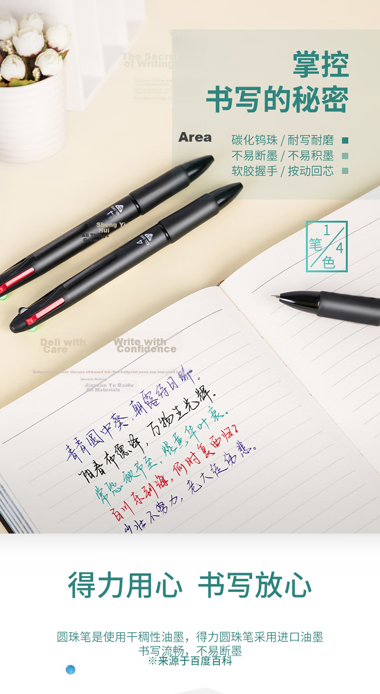 Deli Multifunction 4-Color Ballpoint Pen 0.7mm Bullet Tip Click Pen (Black, Red, Blue, Green) 12pcs/Box 33390 Exam Use 1