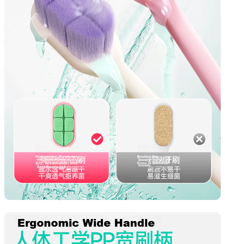 Meyarn Wide Head Stain Removal Toothbrush 4-Pack, Soft to Medium Bristles, Odor Removal, Gum Care, Dual Spiral Bristles, Convex Surface Brush 8