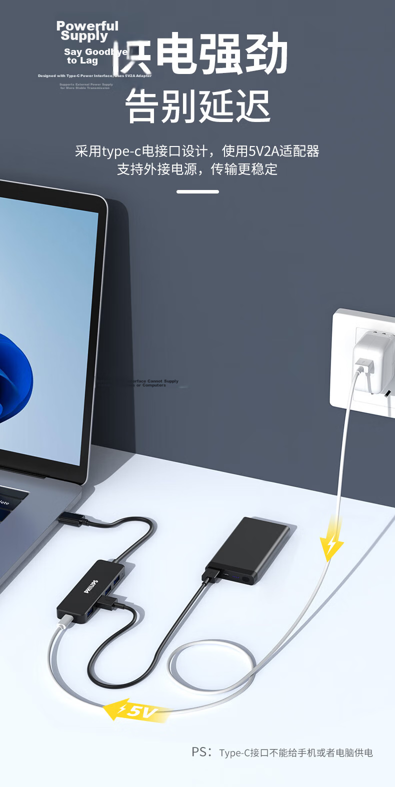 PHILIPS USB3.0 Hub, High-Speed Expansion 4-Port Hub, Laptop Five-In Converter Adapter, Extension Cable, Type-C Power Port, 1.5 Meters 6