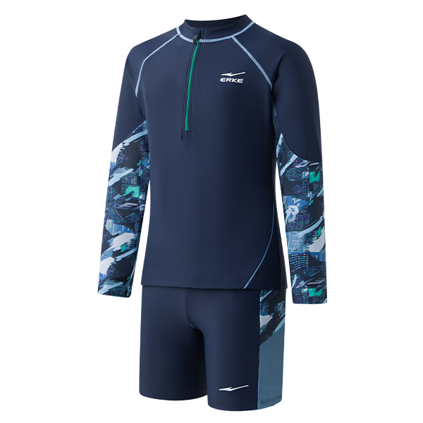 ERKE Children's Swimwear, Boys' Long-Sleeve Shorts Two-Piece Swimsuit, Sun Protection Breathable Professional Boys' Swimwear Set