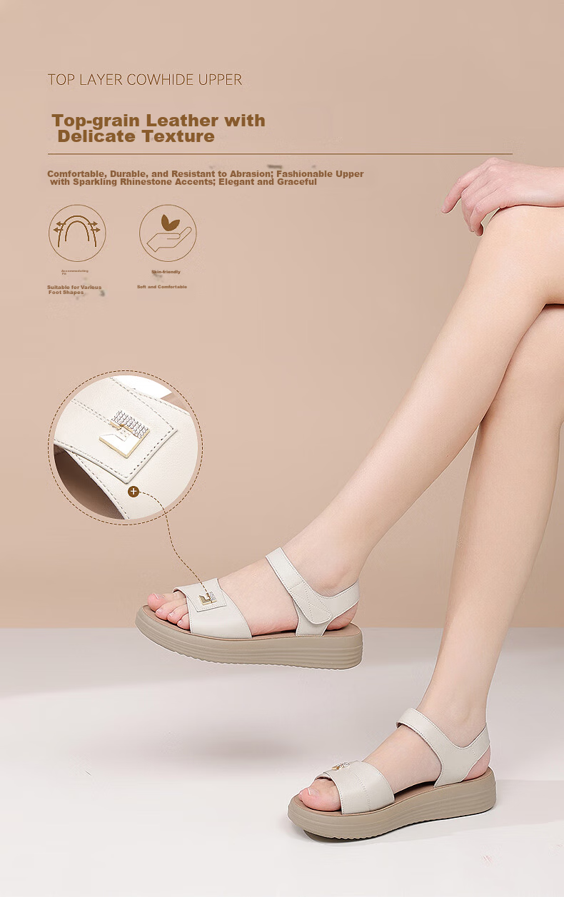 Red Dragonfly Women's Flat Sandals Soft Leather Soft Sole Middle-aged and Elderly Ladies Beach Shoes WTK251522 White Size 38 3