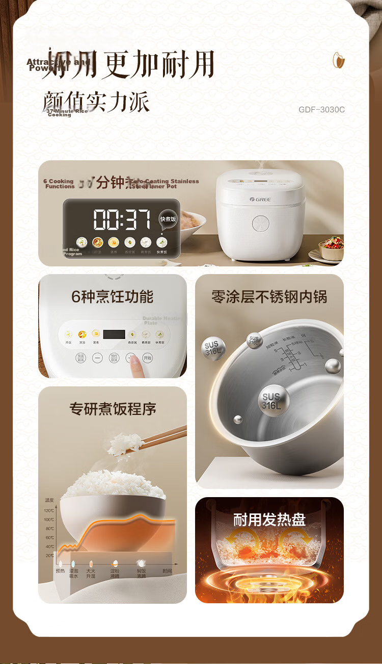GREE Small Rice Cooker 2-3 People 3L Non-Coated 316 Stainless Steel Inner Pot Fast Cooking Multifunctional Steamer 3030C New Model 2