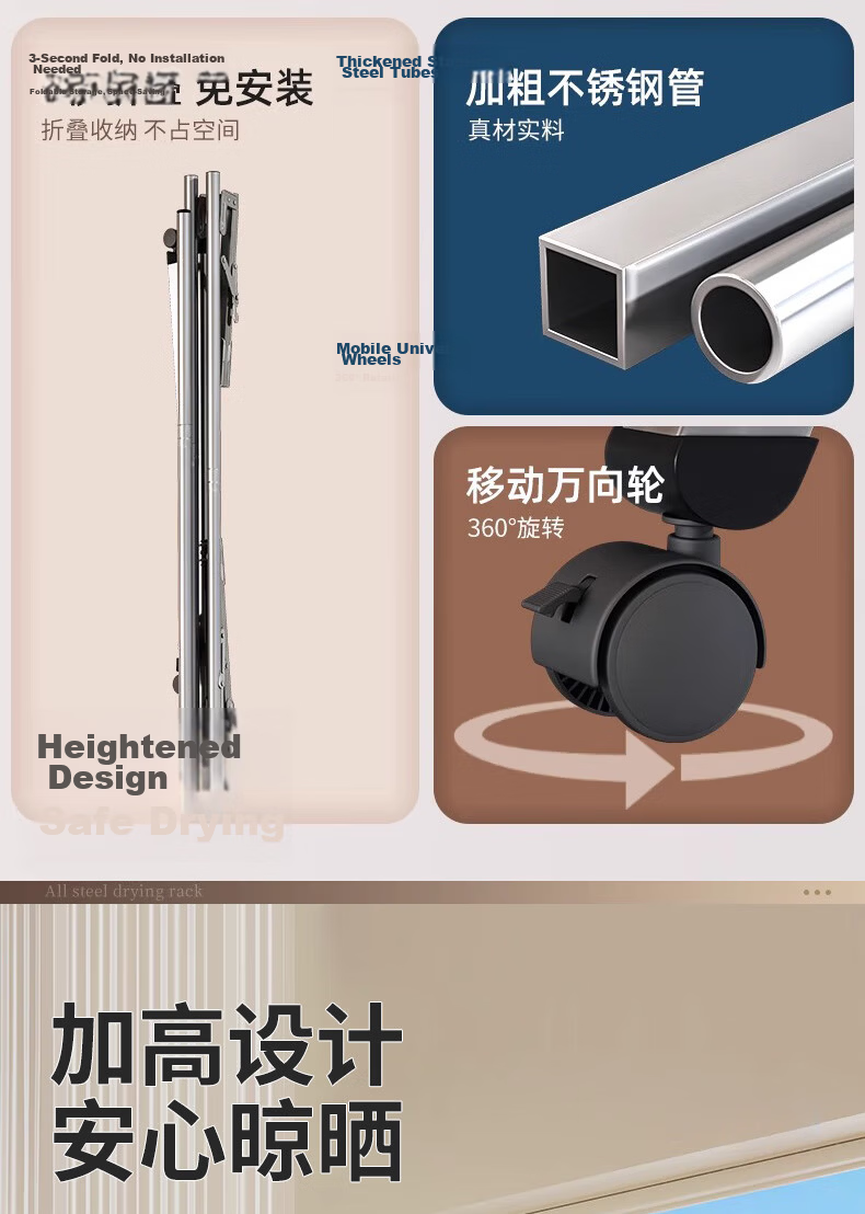 Jing Jiayi Heavy-Duty Folding Telescopic Single Rod Floor Clothes Drying Rack for Home Balcony 5