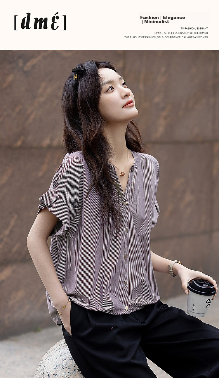 Demana 100% Cotton Summer Casual V-Neck Pleated Ruffle Sleeve Loose Fit Shirt for Women 1