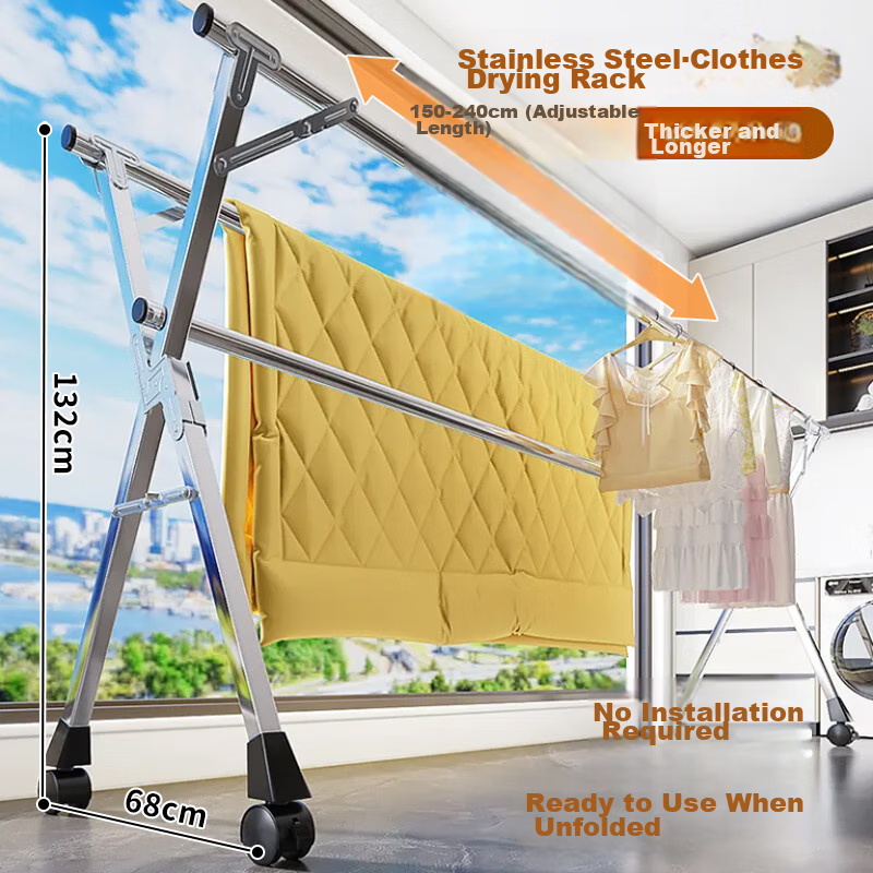 Jing Jiayi Floor Clothes Drying Rack Balcony Foldable Three-Rod Stainless Steel Telescopic Indoor Outdoor Mobile Quilt Rack