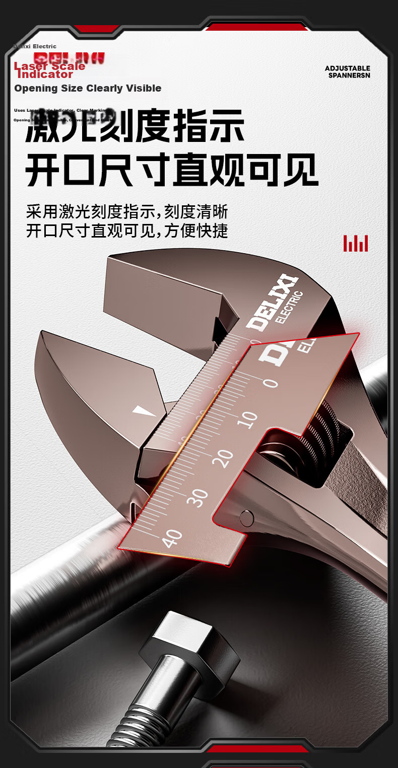 DELIXI ELECTRIC Black Nickel Adjustable Wrench Multi-Functional Household Open-End Bathroom Wrench Square Hole Black Nickel 300mm 5