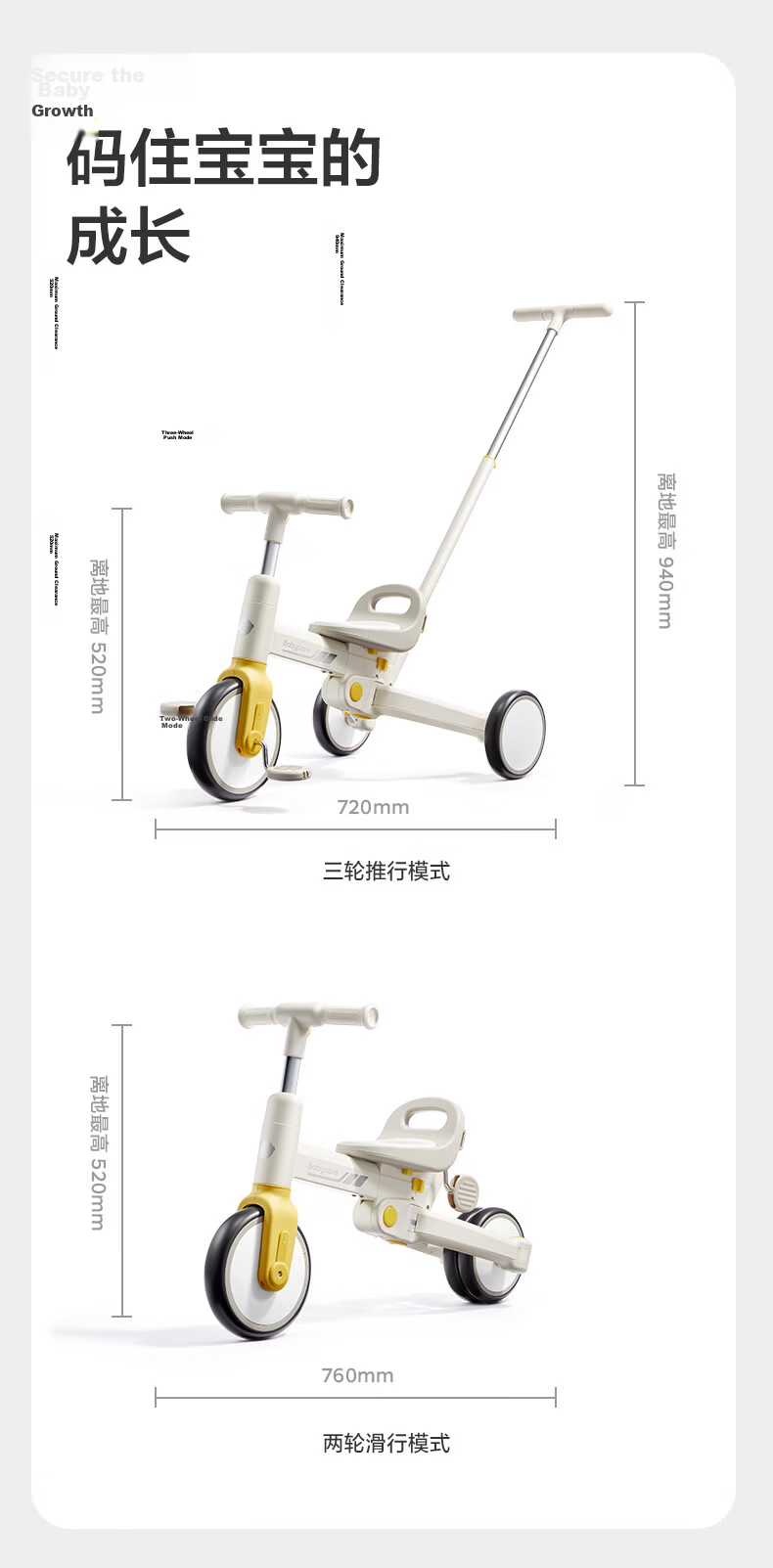 Babycare Children's Tricycle Baby Stroller Multifunctional Pedal Push Car 5-in-1 Shell White Birthday Gift 12
