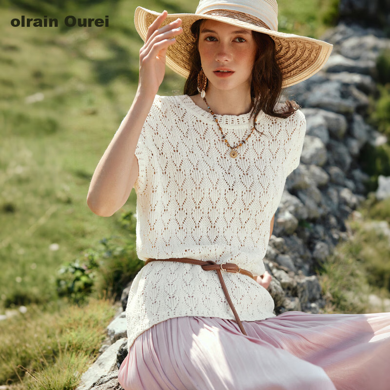 Olrain Summer New Breathable Skin-friendly Hollow Floral Knit Round Neck Short Sleeve Sweater for Women Off-white L