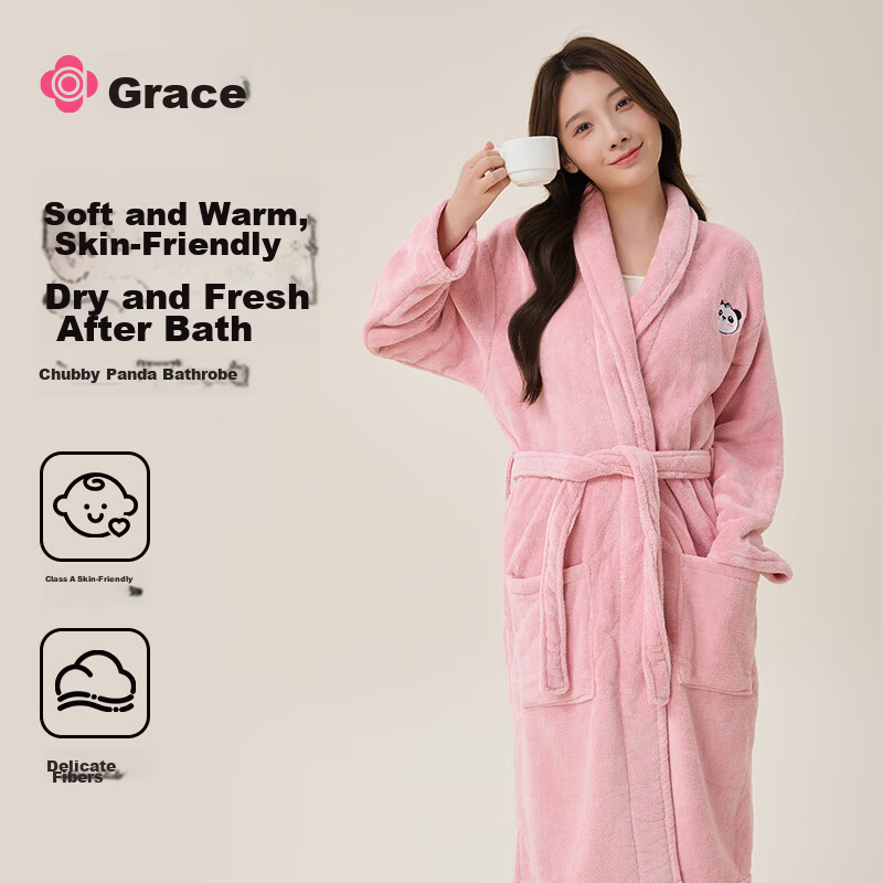 Graceful Women's Absorbent Quick-Dry Thickened Bathrobe Towel Warm Autumn Winter Spa Sleepwear Wrap Pink
