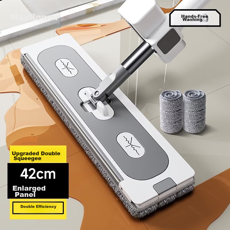Mayflower Flat Mop 42CM with 138CM Handle, 2 Cloths, Built-in Water Scraper, Hands-Free Wash, Dual Wet and Dry Use