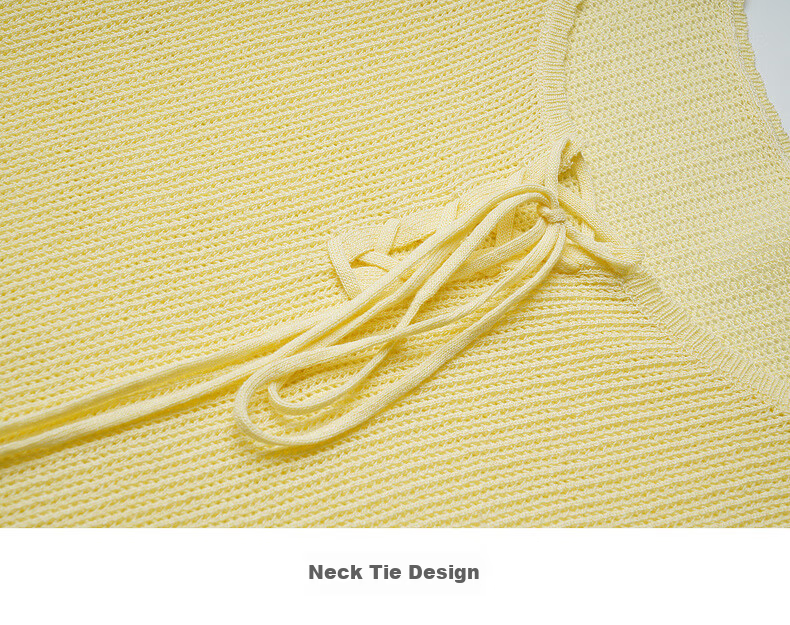 Olrain Summer New Vacation Style Large Round Neck Tie Pullover Knitwear Women Casual Top Yellow L 19