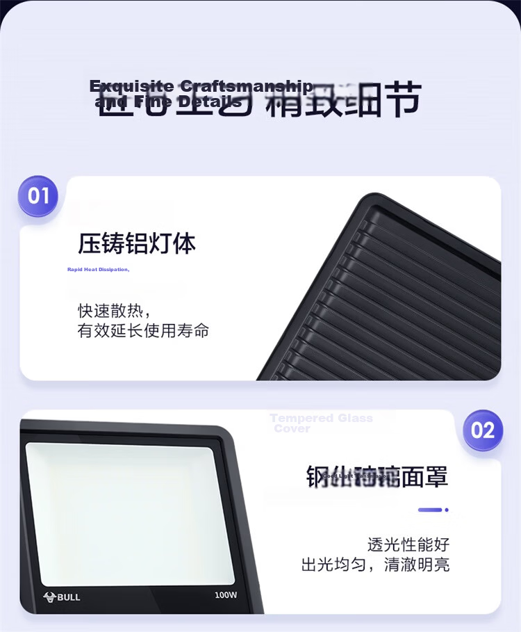 BULL LED Floodlight for Outdoor, Courtyard, Factory, Garden, Camping Light, IP65 Waterproof Rating, 100W-6500K White Light 9
