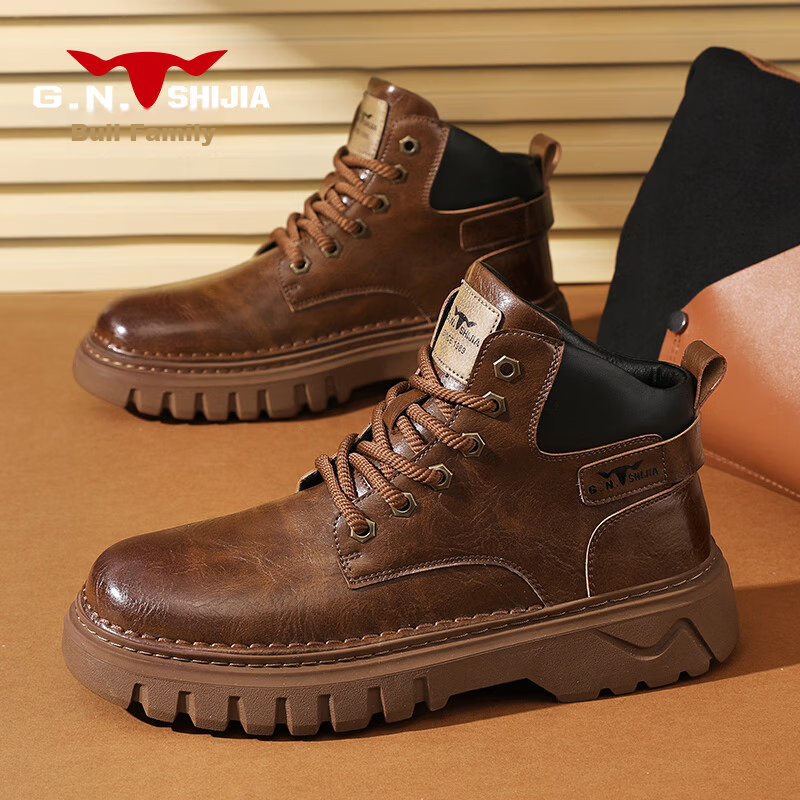 Bull Family Autumn Winter New Martin Boots Men's Outdoor Trendy Work Boots Versatile Retro Mid-High Lace-Up Boots for Men