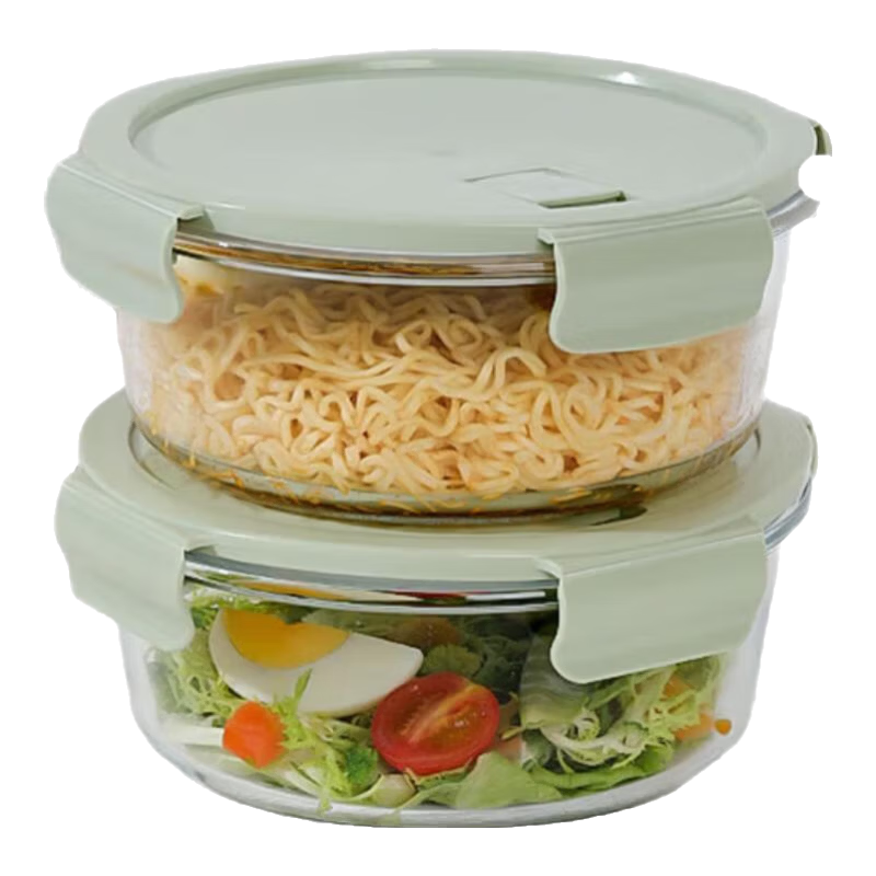 Cilock Glass Food Storage Containers Refrigerator Organizer Lunch Box Microwave Safe Round 450ml*2 for Office Workers