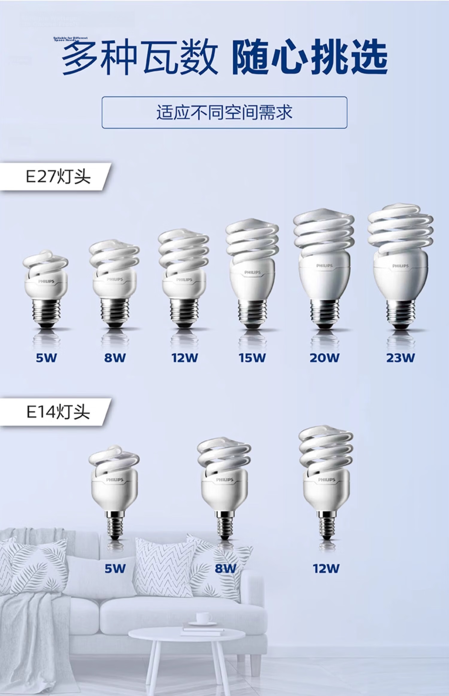 PHILIPS Spiral Energy-saving Lamp E27 Screw Bulb Super Bright Tri-color Energy-saving Bulb [15W Warm Light] Daylight Energy-saving Lamp 5