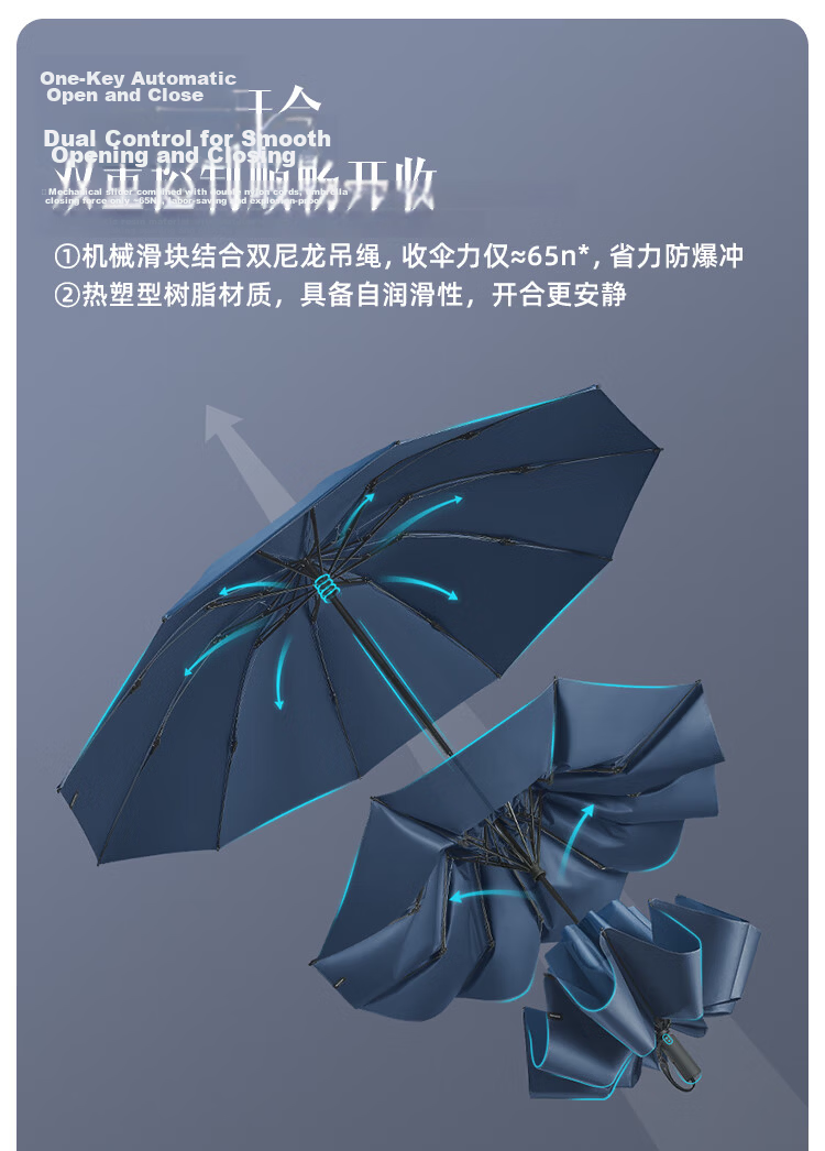 Beneunder Automatic Umbrella, Sun And Rain Umbrella, Tri-Fold Reinforced Folding 10-Rib Umbrella, Stone Black 6