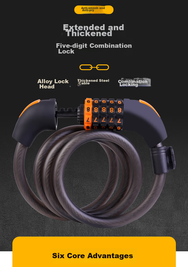 Forever Bicycle Lock Anti-theft 5-Digit Combination Lock Mountain Bike Motorcycle Electric Bike Black Orange 1.2m 1