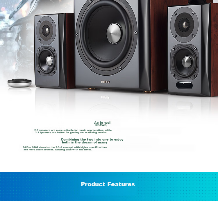EDIFIER New S201MKII 2.1 Active Speaker Bluetooth Speaker Wireless Subwoofer Hi-Res Dual Gold Standard Bluetooth V6.0 Computer Speaker TV Sound System 3