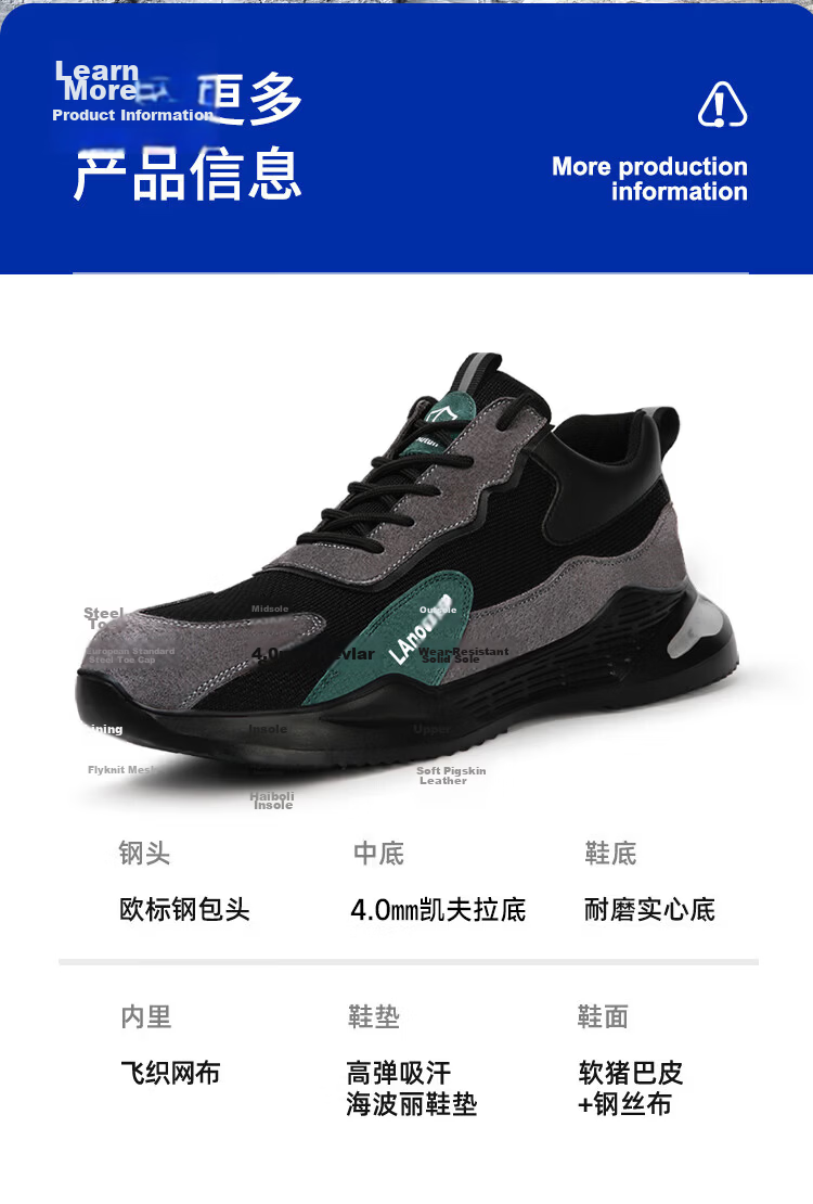 BlueOwl Shield Men's Lightweight Summer Breathable Anti-Smash Anti-Puncture Steel Toe Work Safety Construction Shoes D2095N Size 42 10
