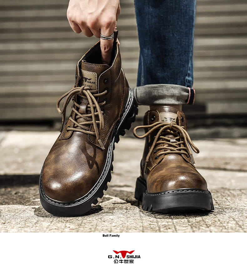 G.N.Shi Jia Men's Autumn Winter New Retro British Style Martin Boots Trendy Versatile Men's Work Boots Outdoor Motorcycle Leather Boots 13