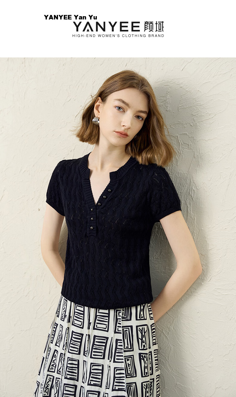 Yanyu Black Slim Fit Knit Top Women 2026 Summer High-End Vintage Style Short Sleeve Half-Open Collar Shirt Black S 1