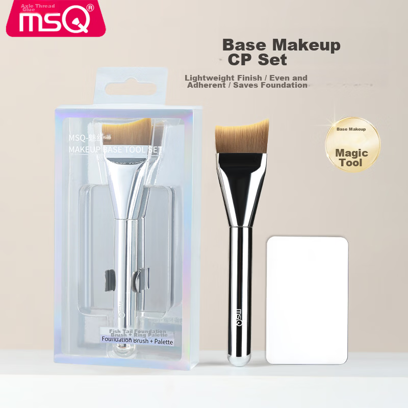 MSQ Fish Tail Foundation Brush, Thin Flat Angled Liquid Foundation Brush with Palette, Makeup Brush Set