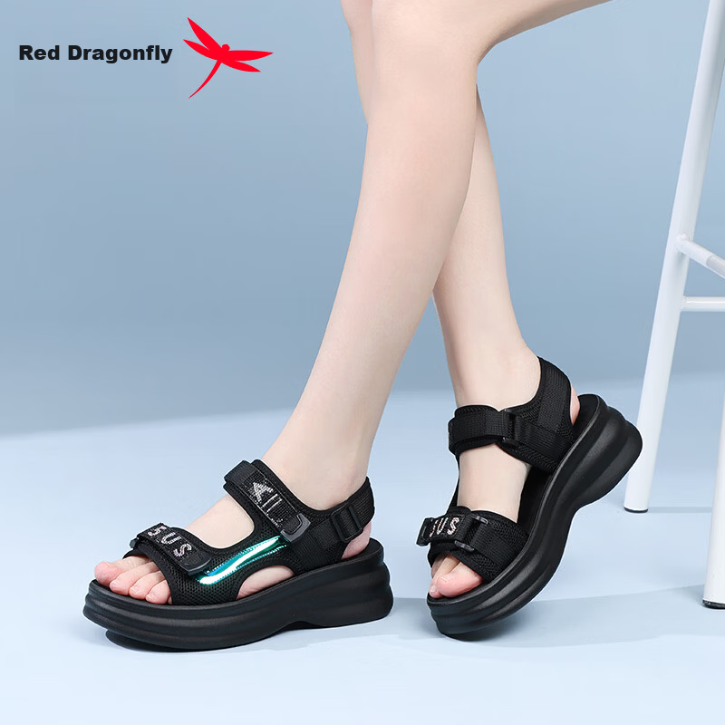 Red Dragonfly Women's Sandals Thick Sole Height Increasing Velcro Beach Outdoor Soft Sole Sports Shoes WTK264761 Black Size 35