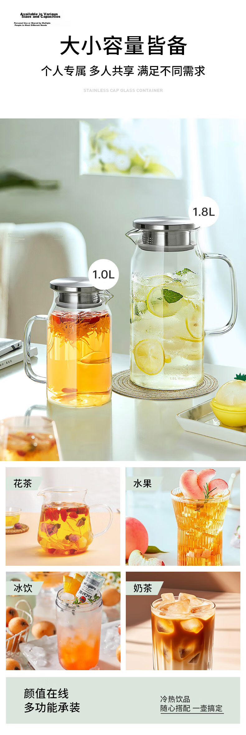 LOCK&LOCK Glass Cold Water Pitcher with Handle High Temperature Resistant Tea Pot Large LLG969_1L 9