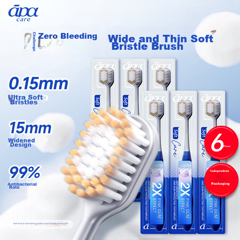 ApaCare Soft Bristle Wide Head Toothbrush for Adults, Top 10 Famous Brands, JD Self-operated, Unisex, Individually Packaged, 6 Pieces