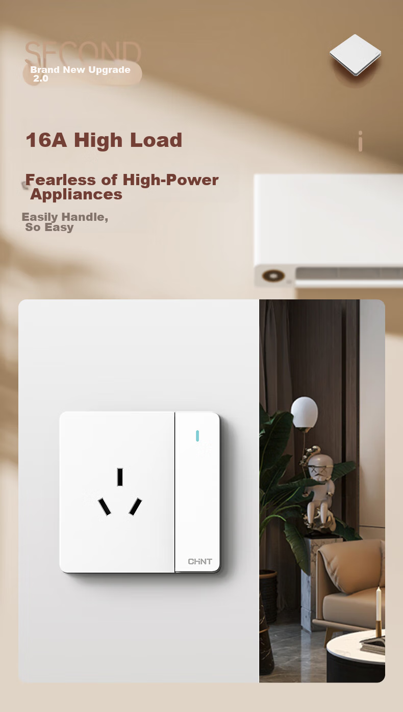 CHNT Switch Socket 10A Angled Five-Hole Socket 86 Type Concealed Panel 6C Cream White 9