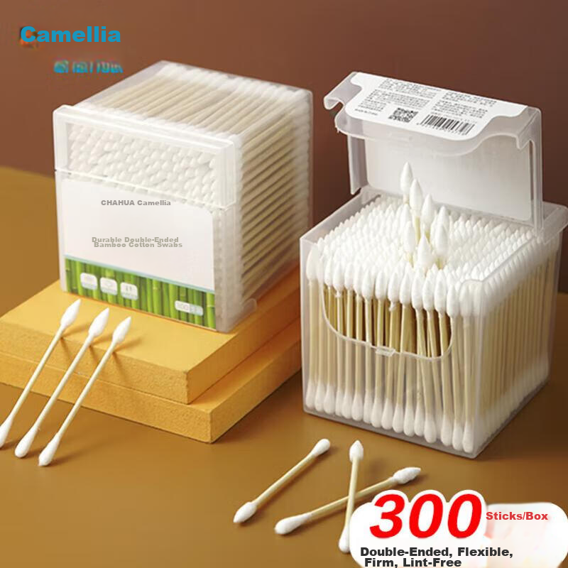 Chahua Cotton Swabs Ear Cleaning (300 pcs) Double-Ended Durable Bamboo Shaft Pointed Cotton Buds