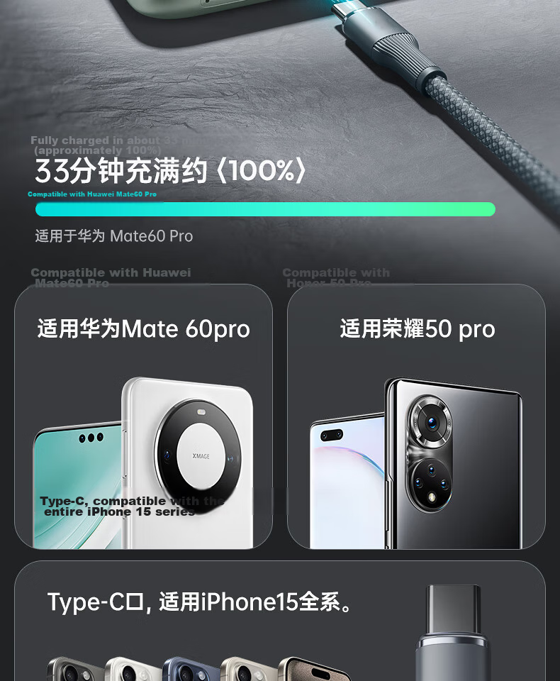 Omak 3-in-1 100W Super Fast Charging USB Car Charger Cable Compatible with Apple iPhone Xiaomi OPPO Samsung Huawei Vivo Android Type-C 8