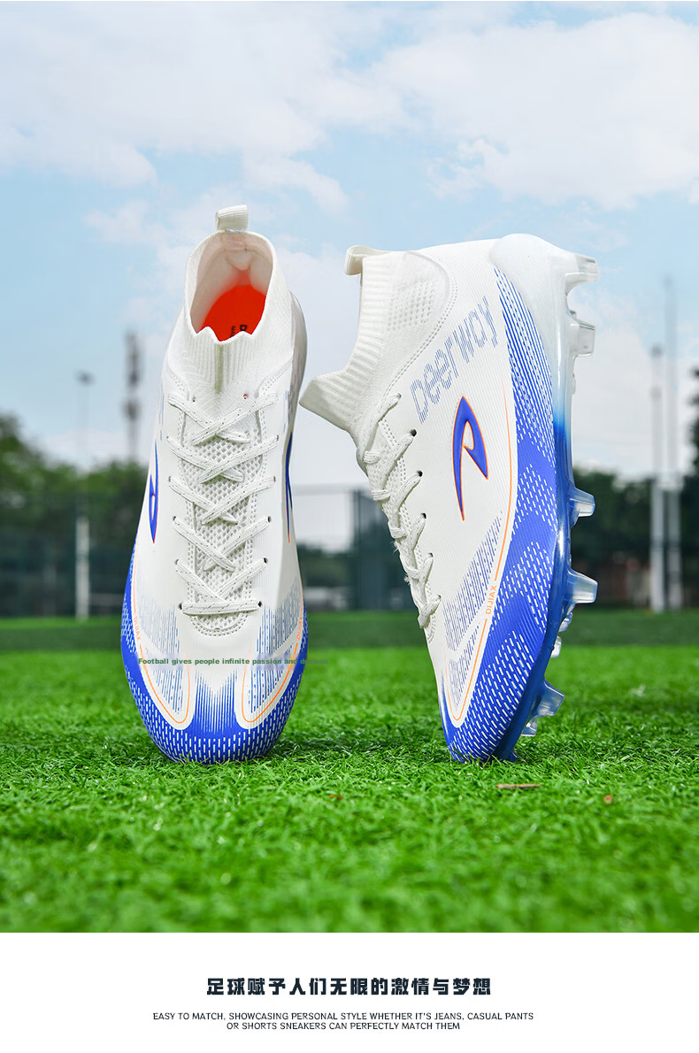 Delhui Men's Football Shoes AG Long Studs Non-Slip Youth Student TF Turf Training Shoes White Blue TF Studs Size 37 17