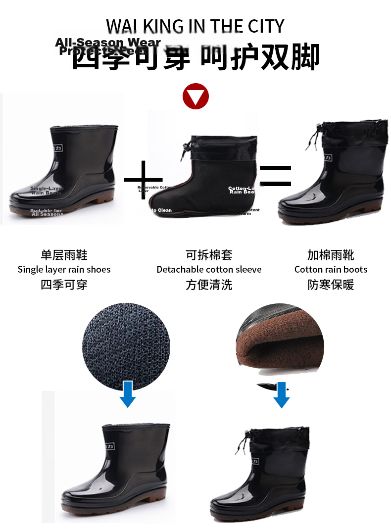 Huili Men's Stylish Rain Boots, Outdoor Kitchen Waterproof Non-Slip Wear-Resistant HL5575 Black Size 39 3