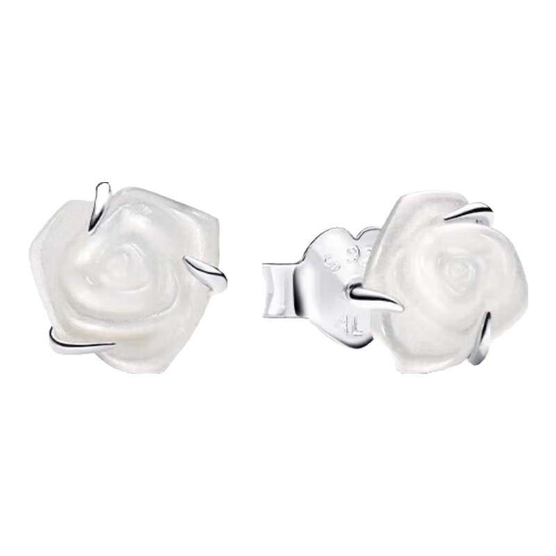 PANDORA Snowy Rose White Elegant Fashionable Unique Design Stud Earrings Birthday Gift for Girlfriend