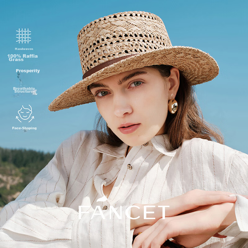 FANCET Hand-Crocheted Raffia Flat Top Summer Women's Hollow Breathable Straw Hat British Vintage High Crown Sun Hat