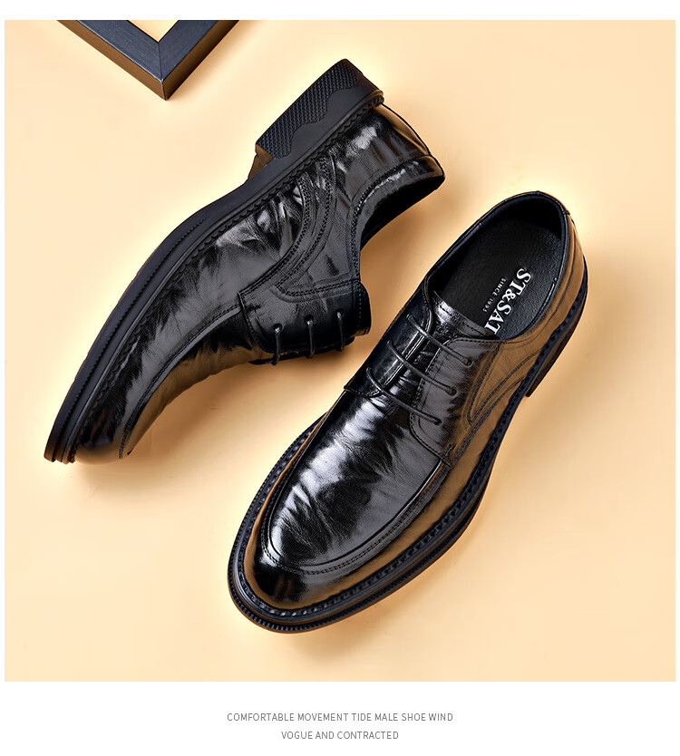St&Sat Men's Shoes, Top-Grain Sheepskin, Hand-Stretched Leather Shoes, Business Casual Leather Shoes for Men, Black, Size 42 5