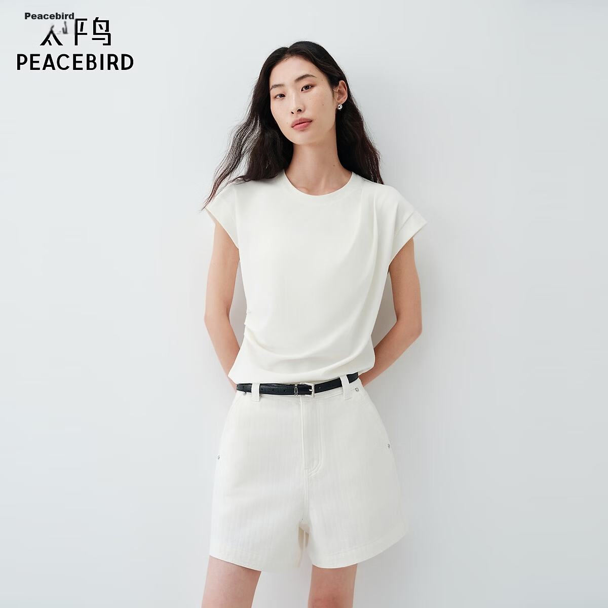 Peacebird Women's T-Shirt [5A Antibacterial] Waist Pleated Slim Fit Short Sleeve Summer Puff Sleeve Top White L