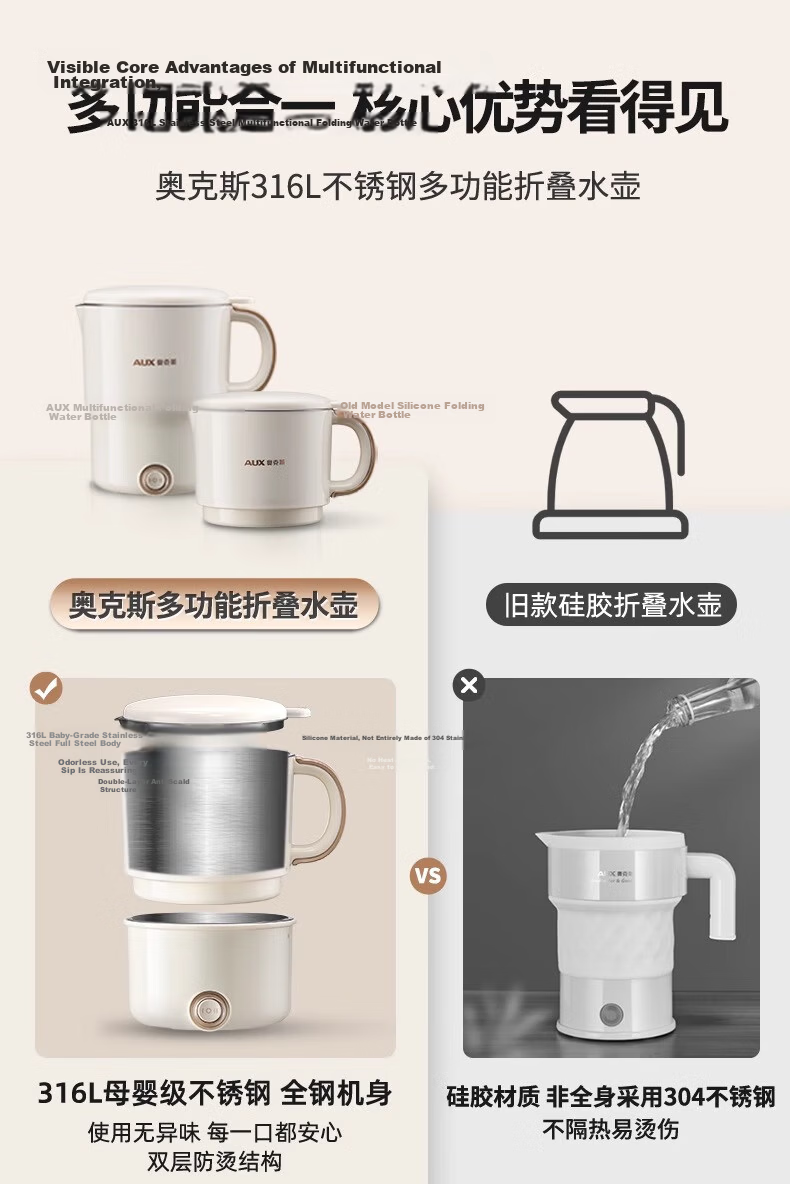 AUX Portable Folding Electric Kettle, Car Water Boiler, Stainless Steel Hot Water Cup for Travel, Business Trips And Home Use [316 Inner Pot + Fork And Spoon] 10