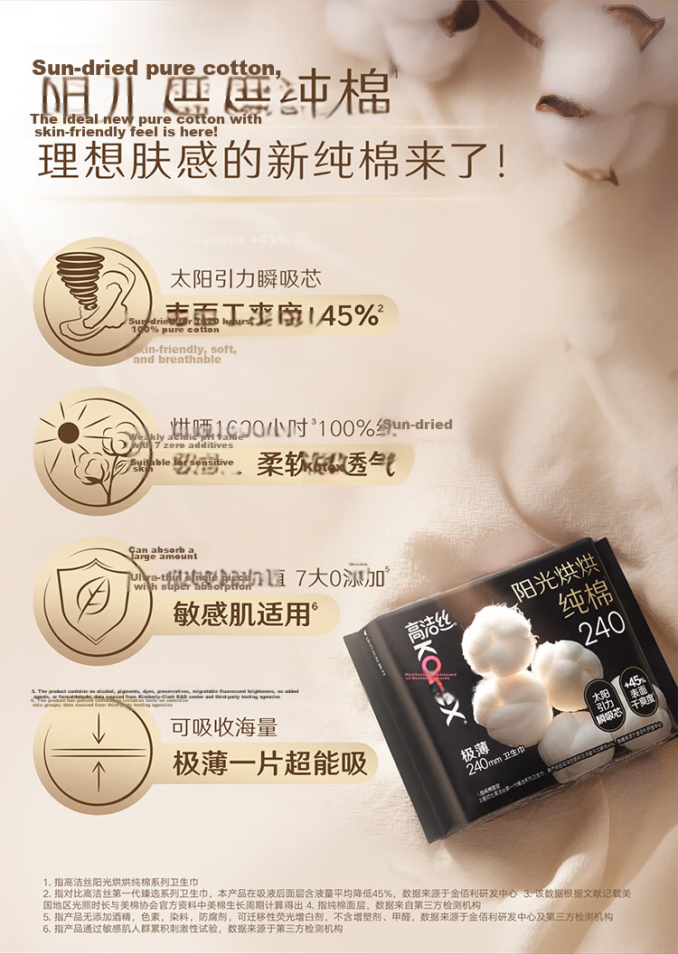 Kotex [68 Yuan Choose Any 3] Pure Cotton NO.1 Sunshine Dry Sanitary Pads 240mm 32 Pieces Day Use 6