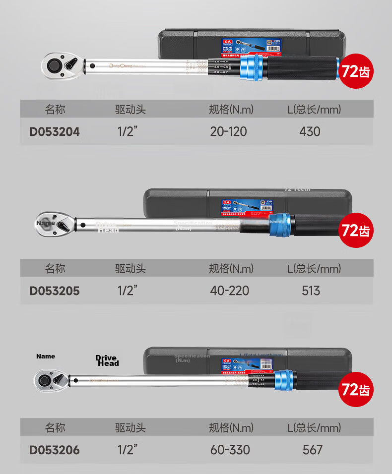 Dongcheng High-Precision Preset Torque Wrench 3/4 Inch 200-800N.m Automotive Repair Wrench D053208 12