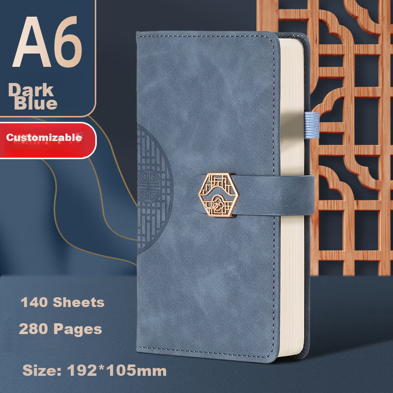 SHEN SHI A6 Chinese Style Trend Notebook 140 Sheets/280 Pages Window Flower Buckle High-Value Journal Diary Homework Stationery Customizable Logo Dark Blue 1pc